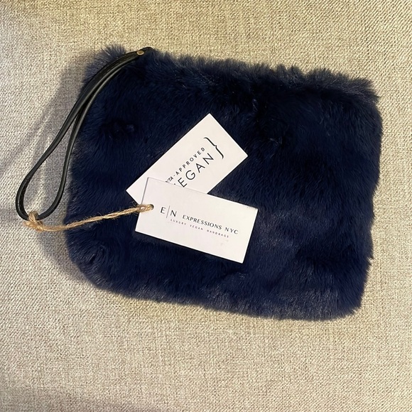 Expressions Navy Faux Fur Clutch - Picture 1 of 9